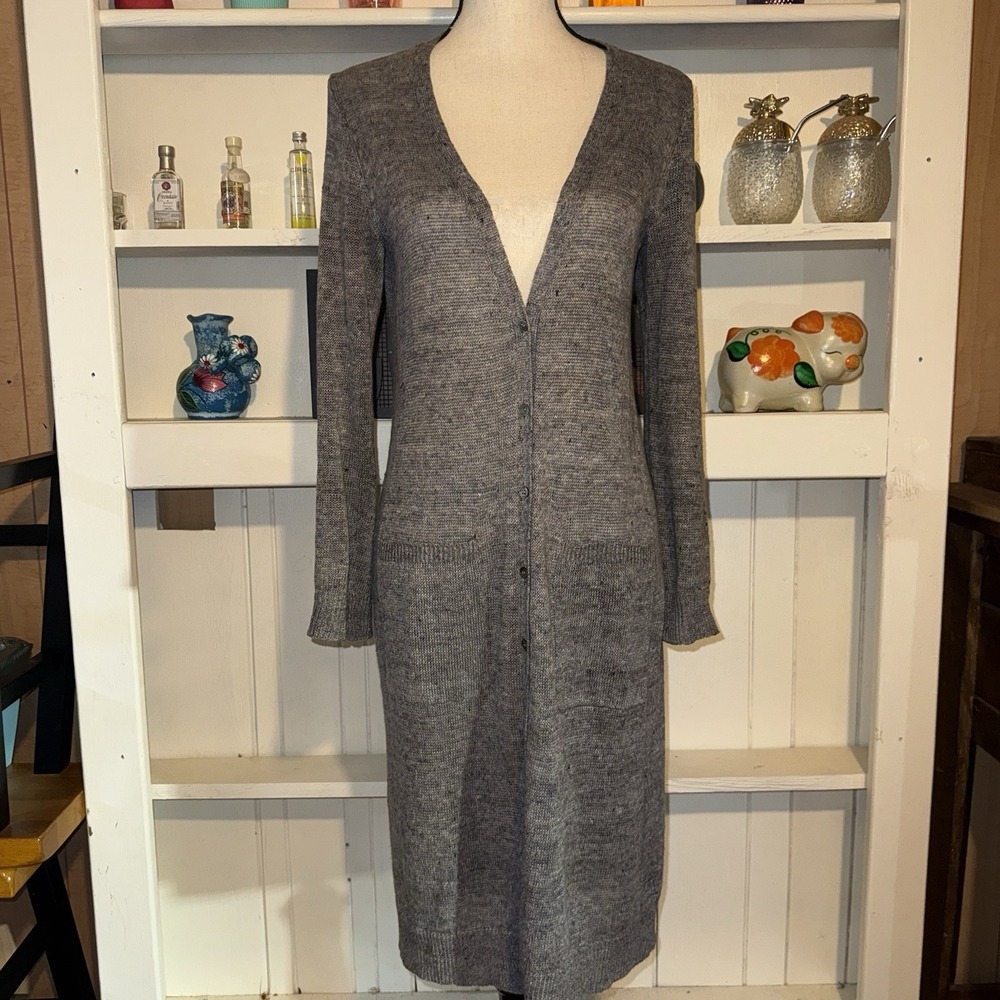 Eileen Fisher Grey Light Knit Button Down 100% Organic Linen Sweater Women's XS